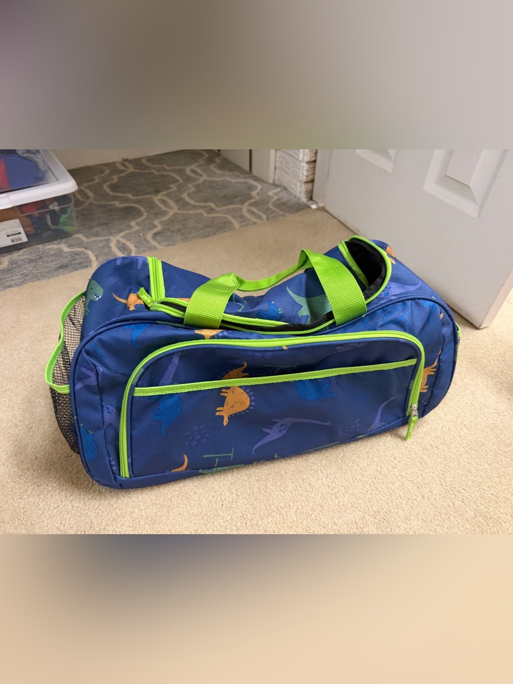 Blue Dinosaur Print Kids Duffle Bag with Lime Green Trim
